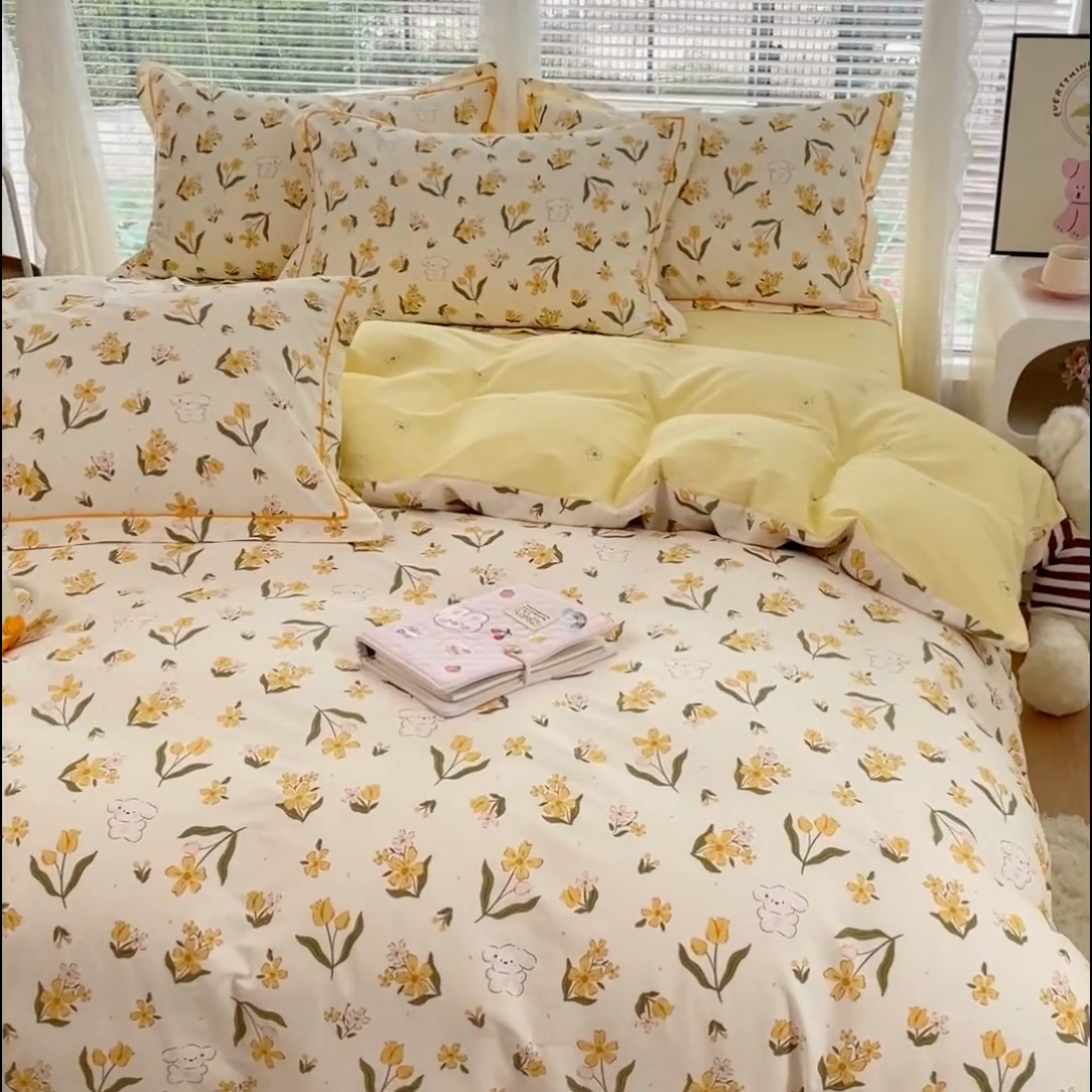 91家纺网 家纺一手货源 找家纺 铭博家纺 新款直播爆款网红全棉四件套13070印花吊边一字绣纯棉被套工艺款 花园兔