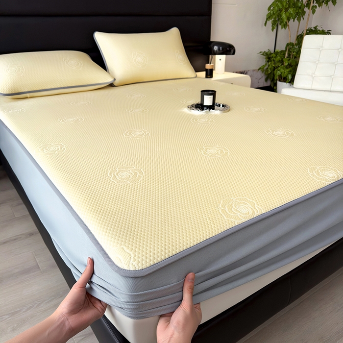 91家纺网 家纺一手货源 找家纺 欧邦 2025新款A类3D提花冰豆豆床笠款凉席 床笠款-柠檬黄