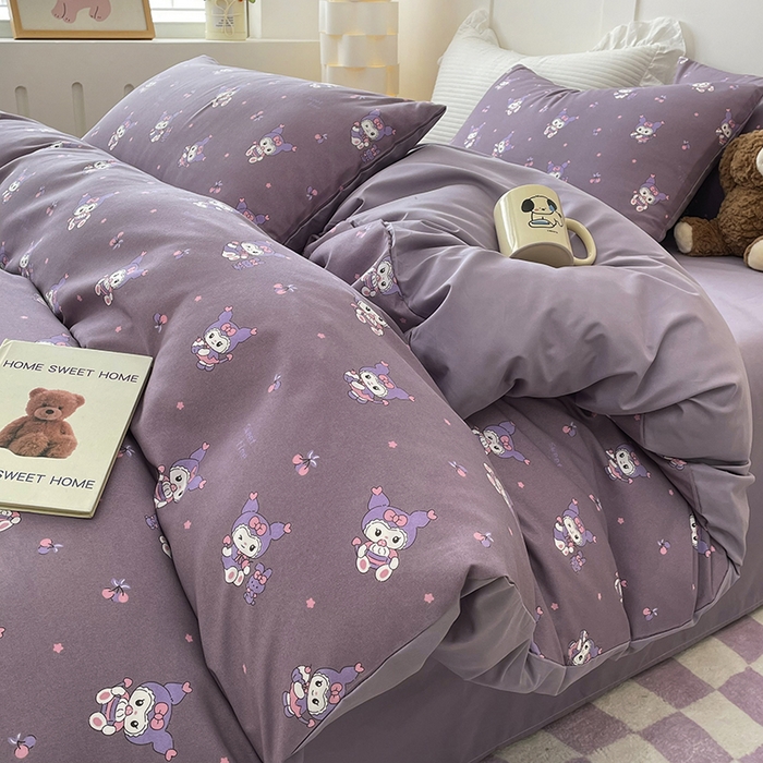 91家纺网 家纺一手货源 找家纺 汣沐生活 2025新款针织棉印花款四件套 库洛米-紫