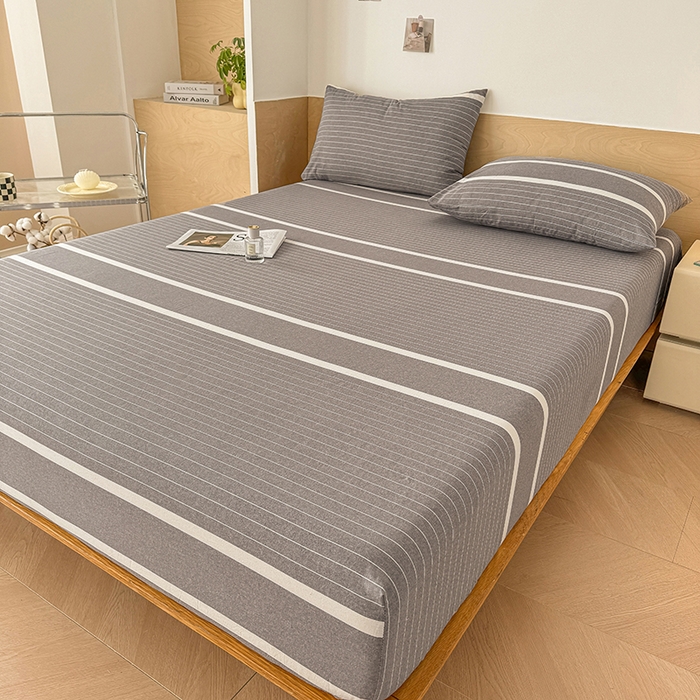 91家纺网 家纺一手货源 找家纺 晓时候 2025新款100%全棉色织水洗棉床笠全棉床笠纯棉床笠 灰细条