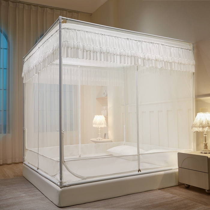 91家纺网 家纺一手货源 找家纺 梦尔佳蚊帐 2025新款双层花边床笠式三开门蚊帐-858怜香惜玉系列 富贵白