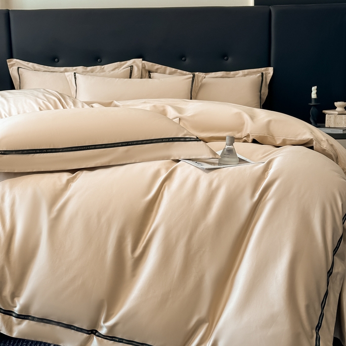 91家纺网 家纺一手货源 找家纺 魅都 2025新款100支长绒棉简约织带轻奢风四件套-罗伊 香槟金