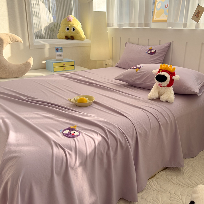 91家纺网 家纺一手货源 找家纺 曼谷家纺 2025新款软糯毛巾绣水洗棉床单床笠枕套纯色床单床笠枕套单品 茄子-紫色