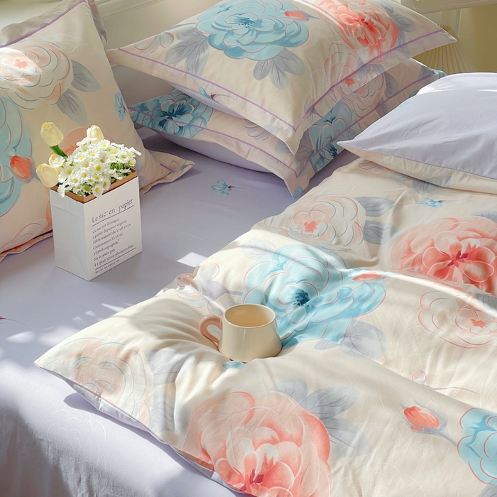 91家纺网 家纺一手货源 找家纺 铭博家纺 新款直播爆款网红全棉四件套13070印花吊边一字绣纯棉被套工艺款 沐颜