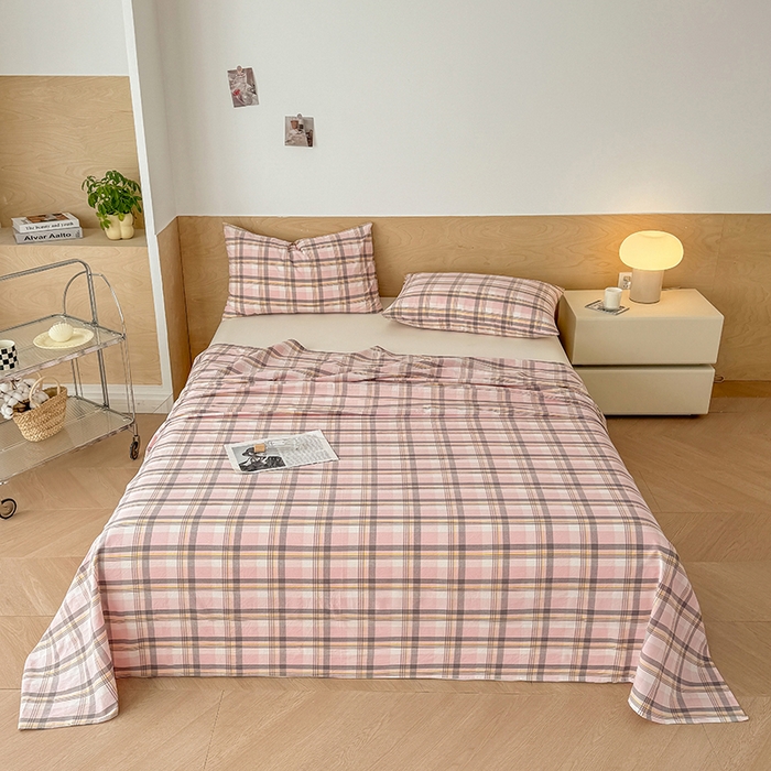 91家纺网 家纺一手货源 找家纺 晓时候 2025新款100%全棉色织水洗棉床单全棉床单纯棉床单 简兮粉