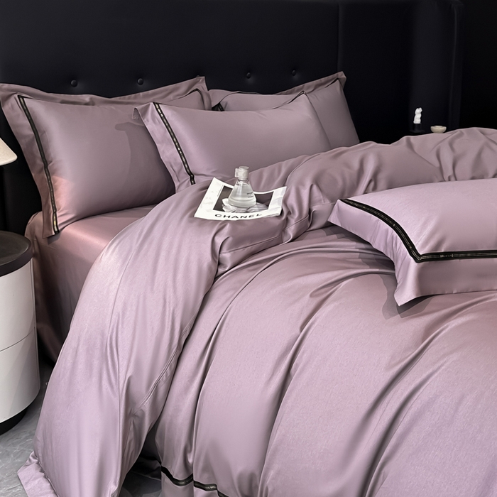 91家纺网 家纺一手货源 找家纺 魅都 2025新款100支长绒棉简约织带轻奢风四件套-罗伊 香芋紫