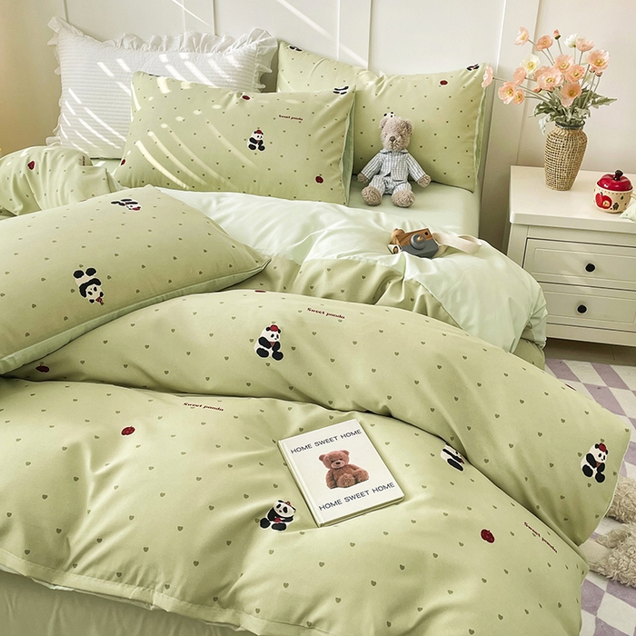 91家纺网 家纺一手货源 找家纺 汣沐生活 2025新款针织棉印花款四件套 熊猫滚滚-绿