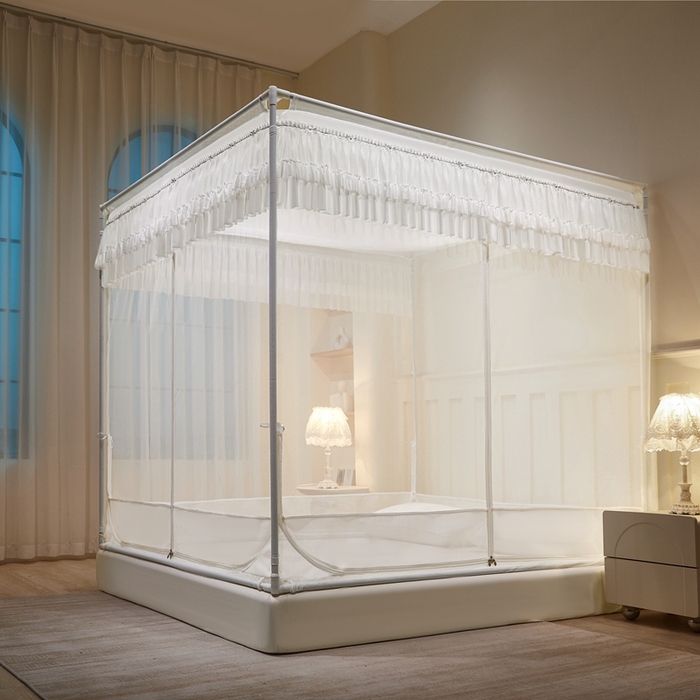 91家纺网 家纺一手货源 找家纺 梦尔佳蚊帐 2025新款双层花边床笠式三开门蚊帐-858怜香惜玉系列 富贵白