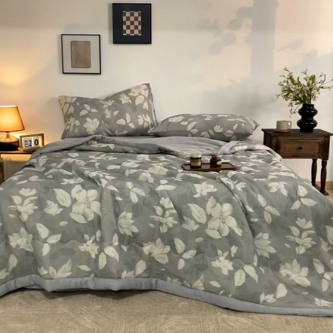 91家纺网 家纺一手货源 找家纺 （总）吾诺 2025新建全棉印花泡泡双层纱大豆夏被子被芯全棉夏被四件套夏凉被空调被