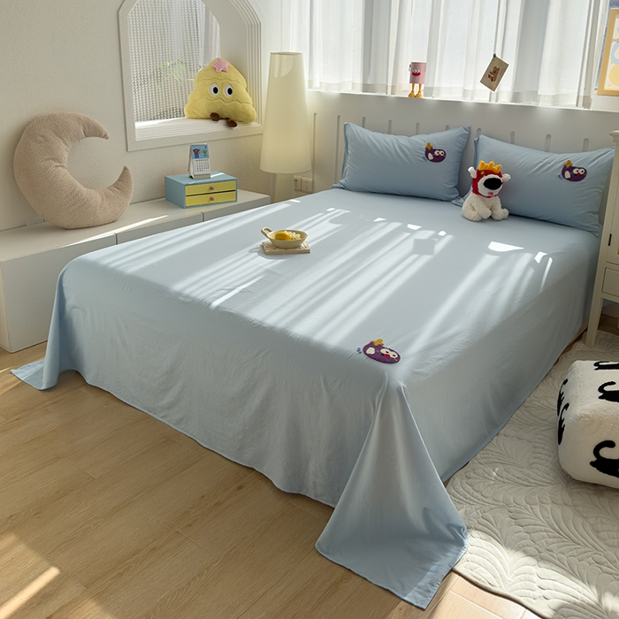 91家纺网 家纺一手货源 找家纺 曼谷家纺 2025新款软糯毛巾绣水洗棉床单床笠枕套纯色床单床笠枕套单品 茄子-天蓝