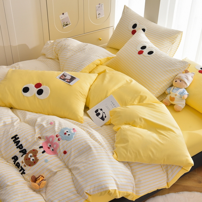 91家纺网 家纺一手货源 找家纺 炫拼家纺 2025新款卡通多巴胺A类全棉40支水洗棉毛巾绣四件套 欢乐派对