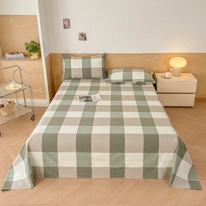 91家纺网 家纺一手货源 找家纺 晓时候 2025新款100%全棉色织水洗棉床单全棉床单纯棉床单 绿中格