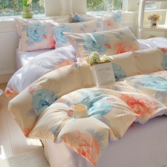 91家纺网 家纺一手货源 找家纺 铭博家纺 新款直播爆款网红全棉四件套13070印花吊边一字绣纯棉被套工艺款 沐颜