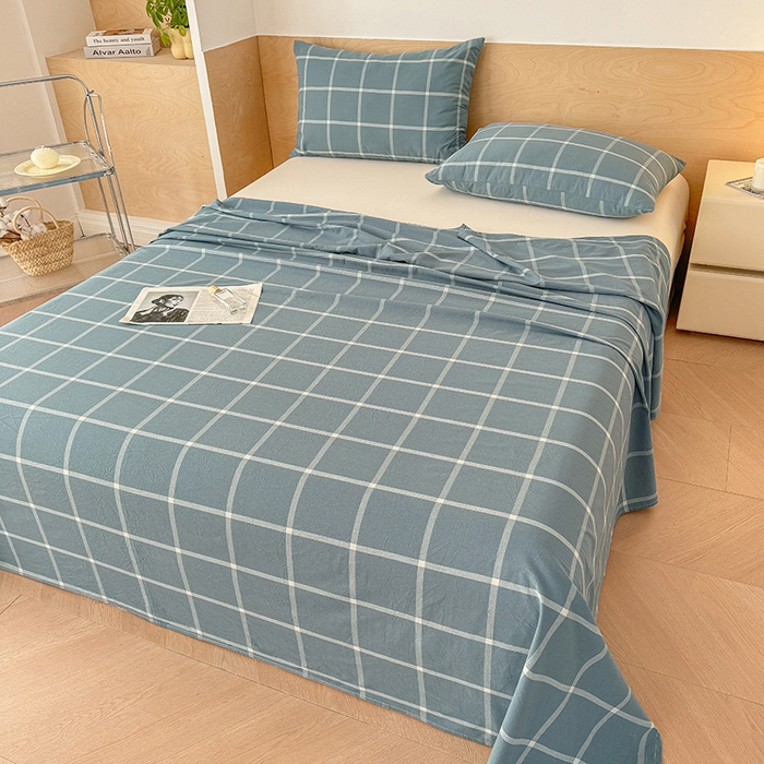 91家纺网 家纺一手货源 找家纺 晓时候 2025新款100%全棉色织水洗棉床单全棉床单纯棉床单 海蓝格