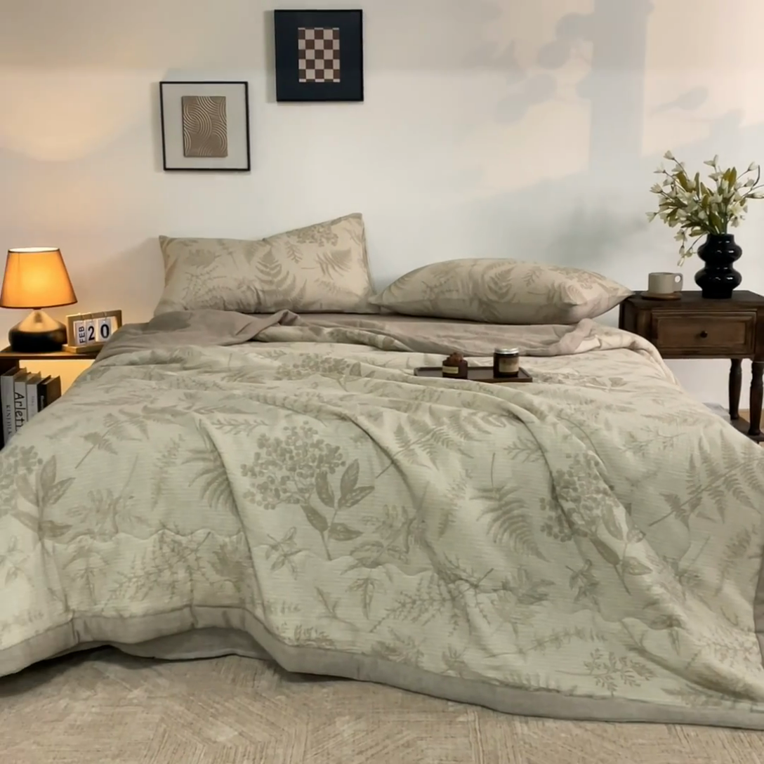 91家纺网 家纺一手货源 找家纺 吾诺 2025新建全棉印花泡泡双层纱大豆夏被子被芯全棉夏被四件套夏凉被空调被 锦素