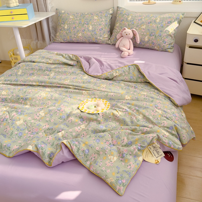 91家纺网 家纺一手货源 找家纺 太阳树家纺 2025新款A类母婴级双层纱大豆被大豆纤维夏被 花园兔