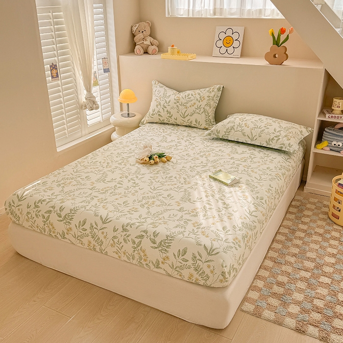 91家纺网 家纺一手货源 找家纺 2025新款12868全棉套件单品系列二单床笠 叶伴花开