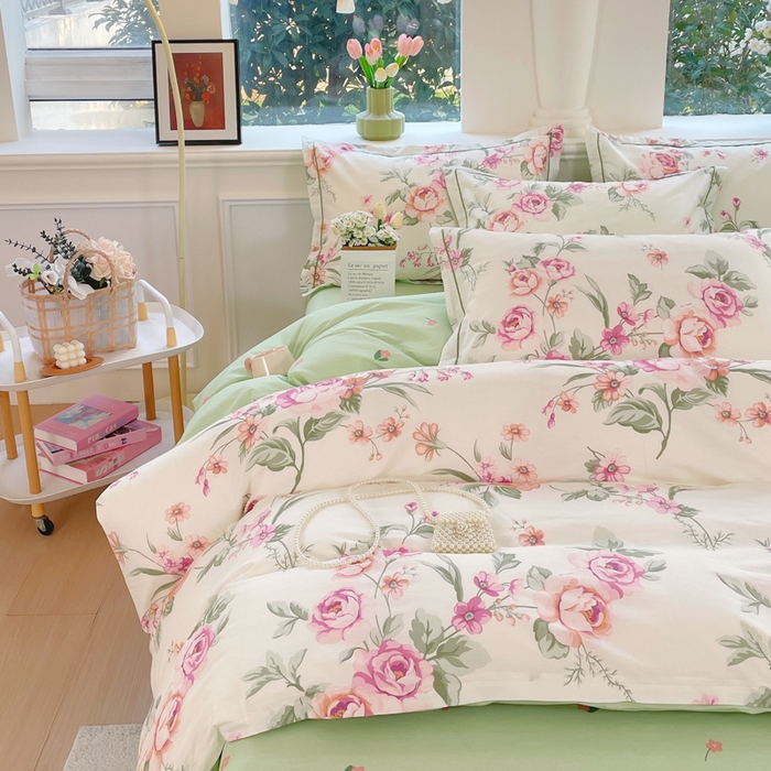 91家纺网 家纺一手货源 找家纺 铭博家纺 新款直播爆款网红全棉四件套13070印花吊边一字绣纯棉被套工艺款 绿苑春1