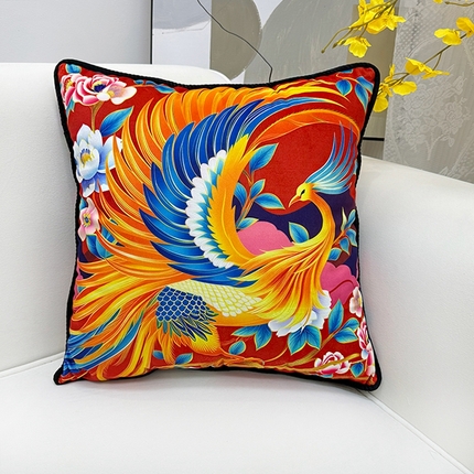 爱家居 2025新款抱枕沙发新中式靠垫轻奢高级感靠枕床头大靠背正方形抱枕套卡通花卉 金凤凰