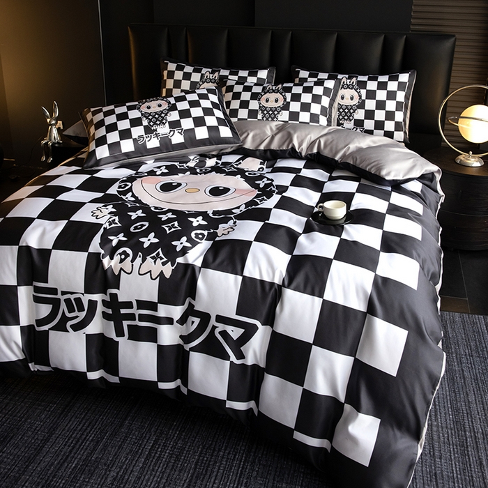 91家纺网 家纺一手货源 找家纺 2025新款水洗真丝数码印花四件套 棋盘兔