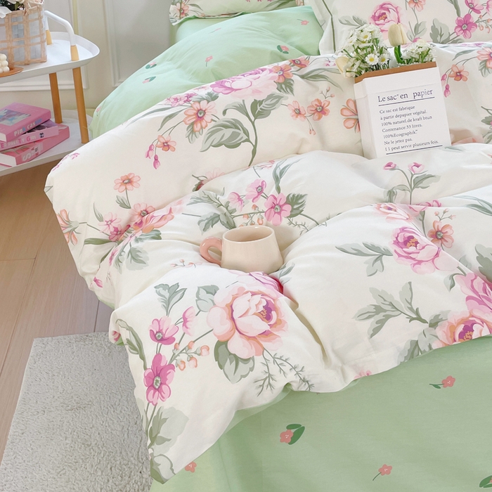 91家纺网 家纺一手货源 找家纺 铭博家纺 新款直播爆款网红全棉四件套13070印花吊边一字绣纯棉被套工艺款 绿苑春1