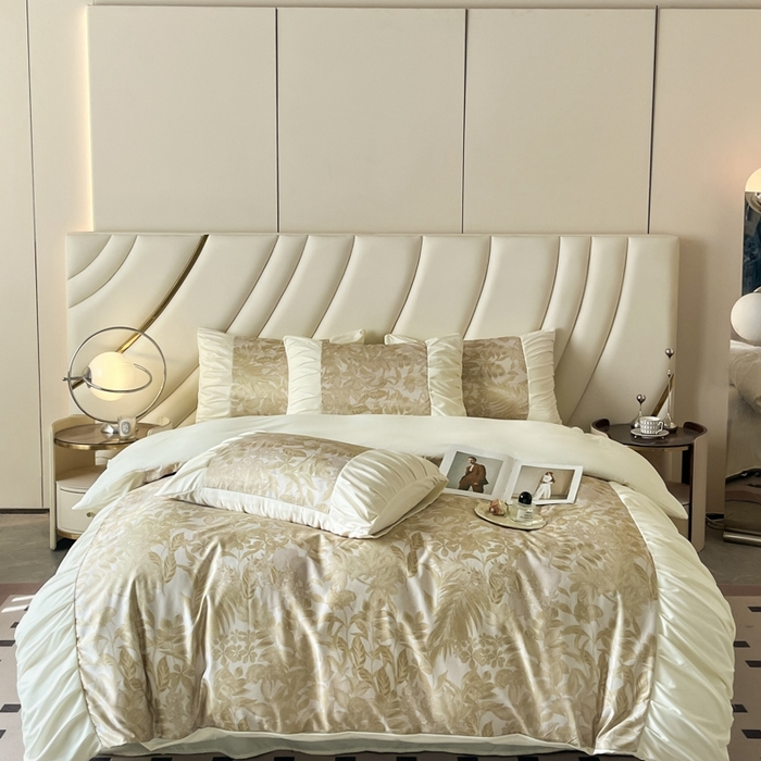 91家纺网 家纺一手货源 找家纺 千希家纺 2025新款120克斜纹水洗棉数码印花拼接荷叶边工艺款四件套 薄荷少女-绿