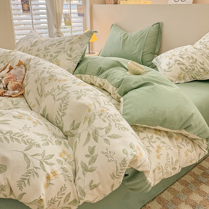 91家纺网 家纺一手货源 找家纺 绵庭家纺 2025新款12868全棉套件单品系列二四件套 叶伴花开