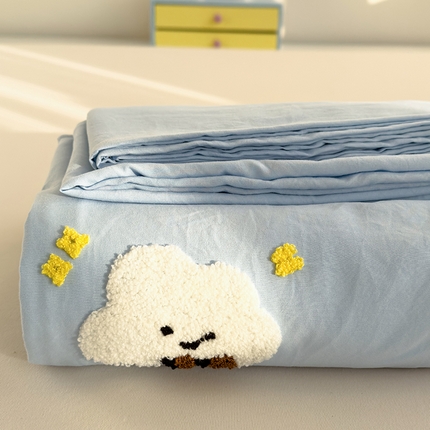 曼谷家纺 2025新款软糯毛巾绣水洗棉床单床笠枕套纯色床单床笠枕套单品 小白云-天蓝