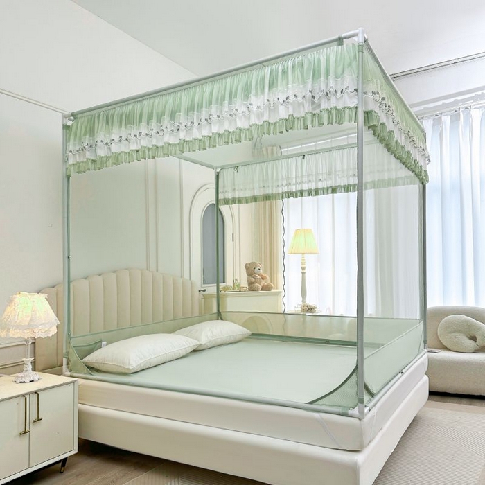 91家纺网 家纺一手货源 找家纺 梦尔佳蚊帐 2025新款双层花边全包围全底款和床笠款三开门蚊帐-863系列青春亮丽 沫绿
