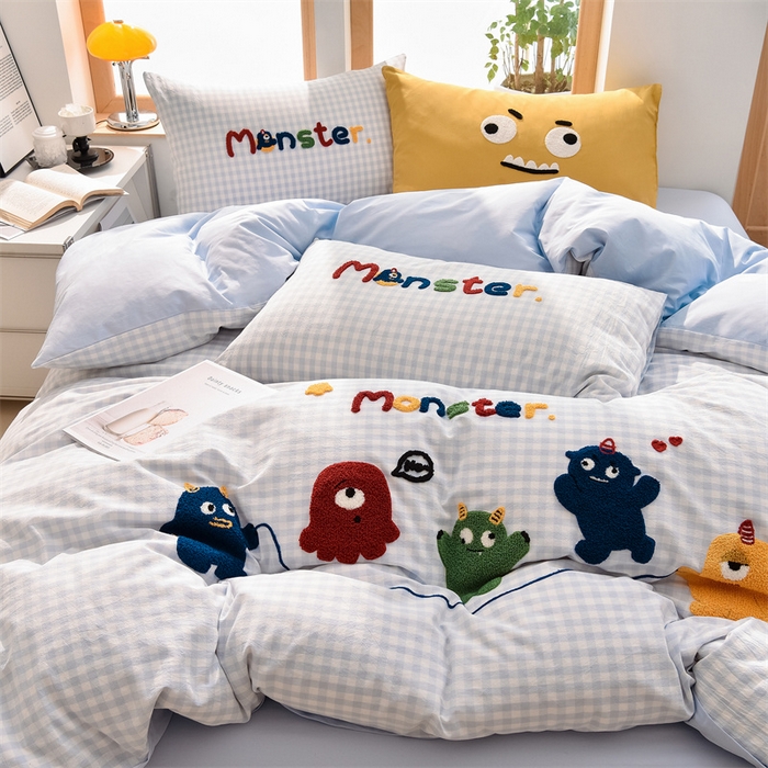 91家纺网 家纺一手货源 找家纺 炫拼家纺 2025新款卡通多巴胺A类全棉40支水洗棉毛巾绣四件套 一起嗨