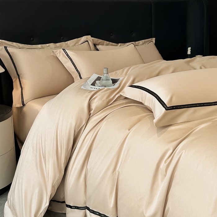 91家纺网 家纺一手货源 找家纺 魅都 2025新款100支长绒棉简约织带轻奢风四件套-罗伊 香槟金