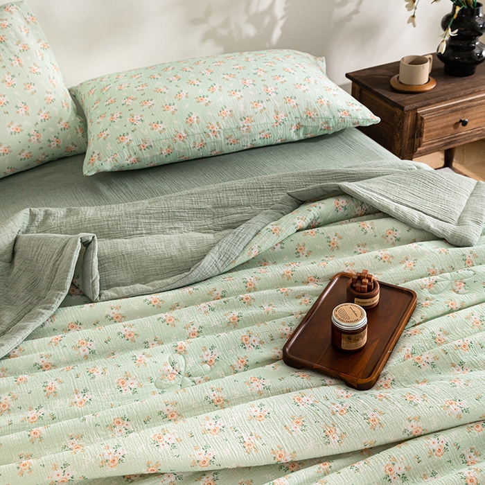 91家纺网 家纺一手货源 找家纺 吾诺 2025新建全棉印花泡泡双层纱大豆夏被子被芯全棉夏被四件套夏凉被空调被 春意