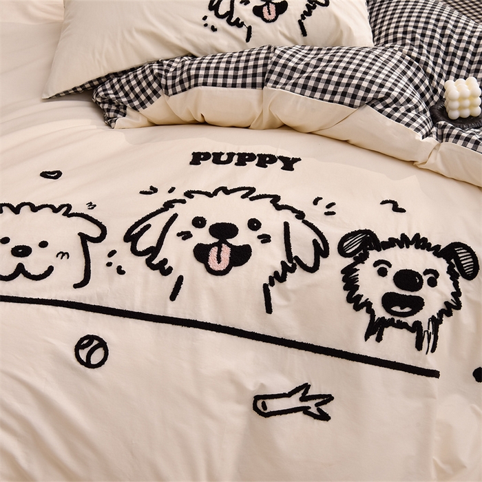 91家纺网 家纺一手货源 找家纺 炫拼家纺 2025新款卡通多巴胺A类全棉40支水洗棉毛巾绣四件套 潦草小狗