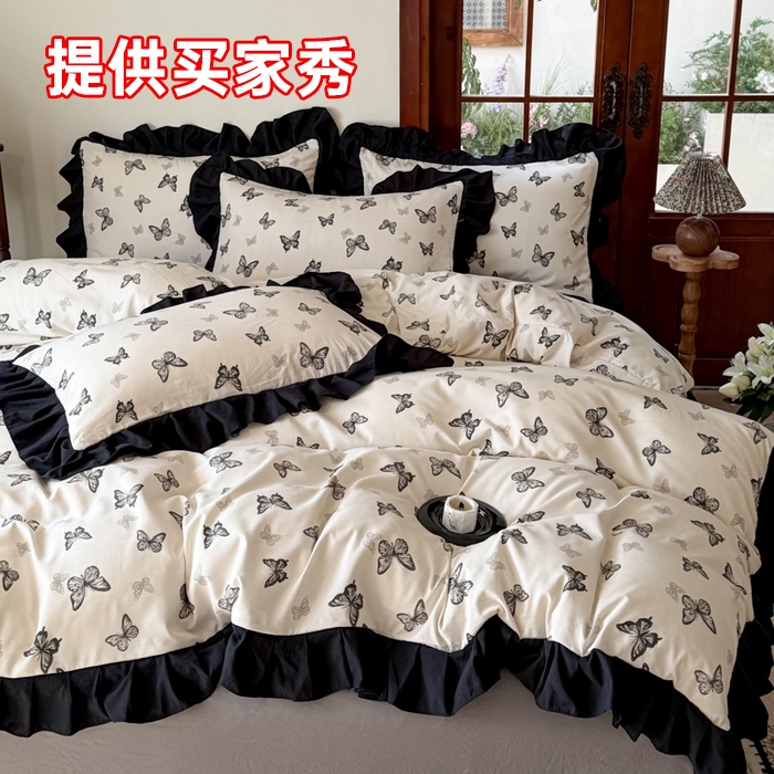 91家纺网 家纺一手货源 找家纺 （总）晚爱  2025法式韩版花边四件套水洗棉赫本风针织云朵棉三件套