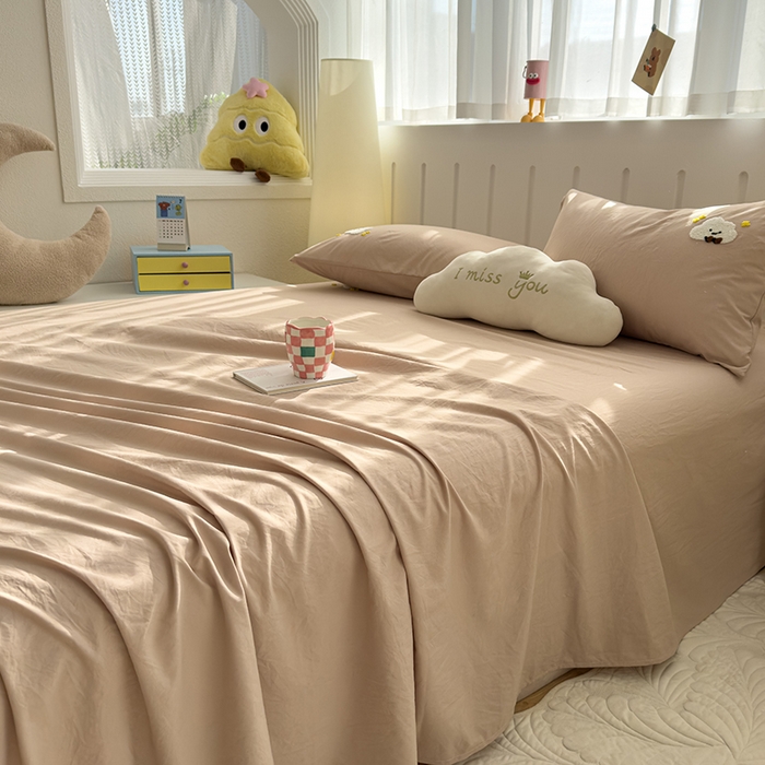 91家纺网 家纺一手货源 找家纺 曼谷家纺 2025新款软糯毛巾绣水洗棉床单床笠枕套纯色床单床笠枕套单品 小白云-奶茶