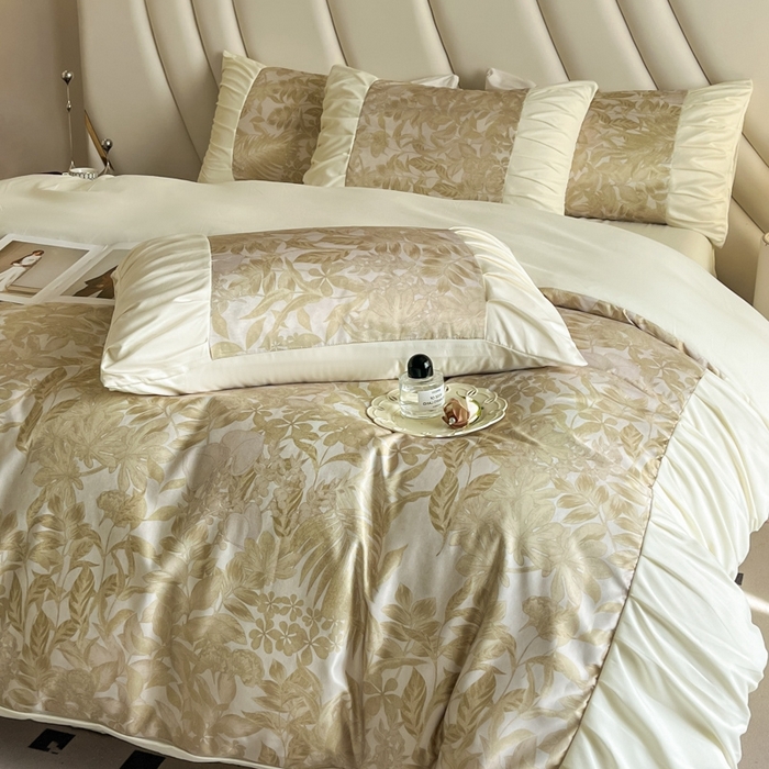 91家纺网 家纺一手货源 找家纺 千希家纺 2025新款120克斜纹水洗棉数码印花拼接荷叶边工艺款四件套 薄荷少女-绿