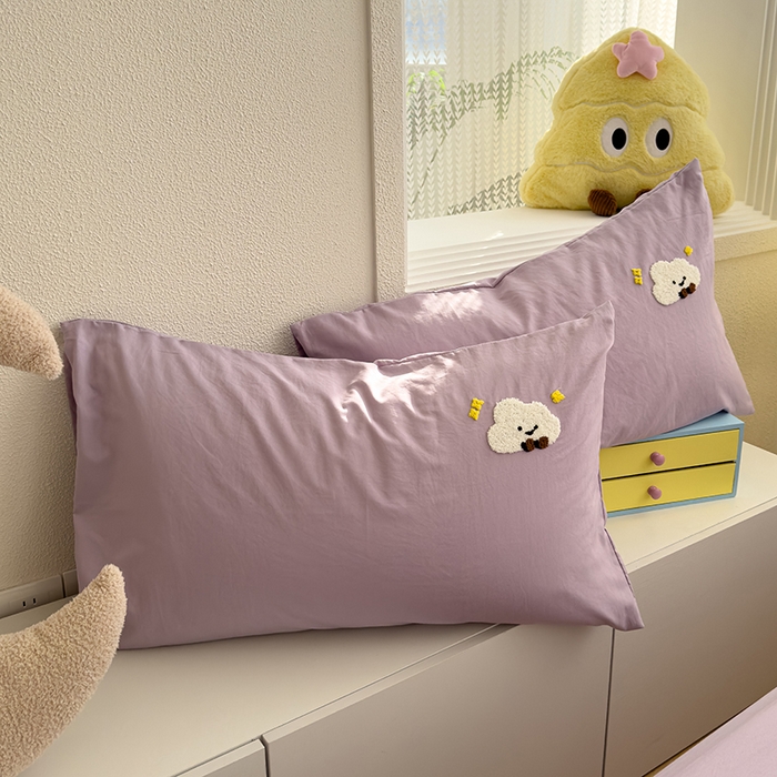 91家纺网 家纺一手货源 找家纺 曼谷家纺 2025新款软糯毛巾绣水洗棉床单床笠枕套纯色床单床笠枕套单品 小白云-紫色