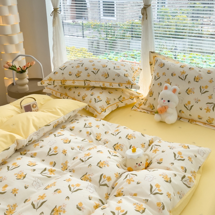 91家纺网 家纺一手货源 找家纺 铭博家纺 新款直播爆款网红全棉四件套13070印花吊边一字绣纯棉被套工艺款 花园兔