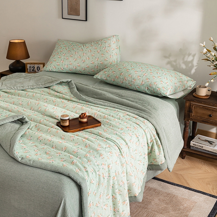 91家纺网 家纺一手货源 找家纺 吾诺 2025新建全棉印花泡泡双层纱大豆夏被子被芯全棉夏被四件套夏凉被空调被 春意