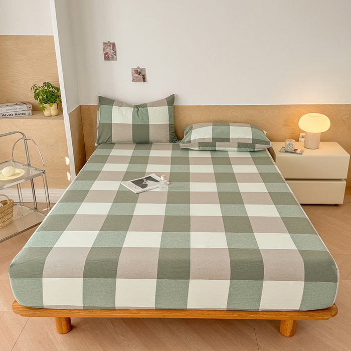 91家纺网 家纺一手货源 找家纺 晓时候 2025新款100%全棉色织水洗棉床笠全棉床笠纯棉床笠 绿中格