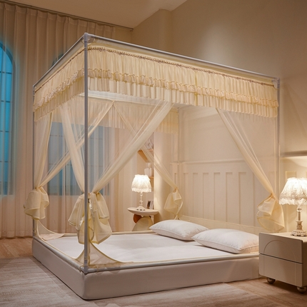 梦尔佳蚊帐 2025新款双层花边床笠式三开门蚊帐-858怜香惜玉系列 优雅黄