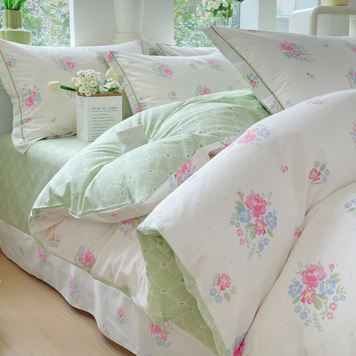 91家纺网 家纺一手货源 找家纺 铭博家纺 新款直播爆款网红全棉四件套13070印花吊边一字绣纯棉被套工艺款 桃桃苏打