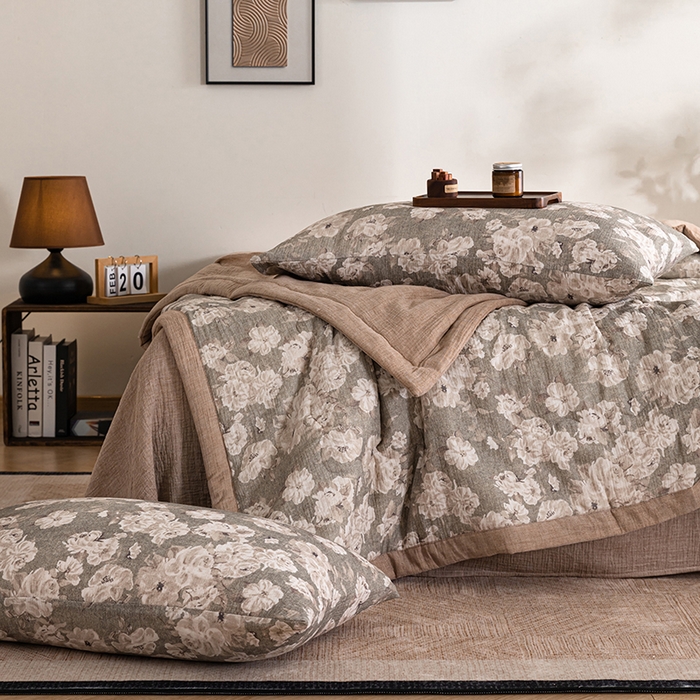 91家纺网 家纺一手货源 找家纺 吾诺 2025新建全棉印花泡泡双层纱大豆夏被子被芯全棉夏被四件套夏凉被空调被 莫奈