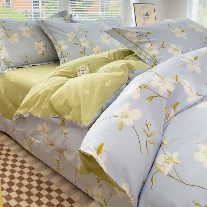 91家纺网 家纺一手货源 找家纺 铭博家纺 新款直播爆款网红全棉四件套13070印花吊边一字绣纯棉被套工艺款 元气晶冻