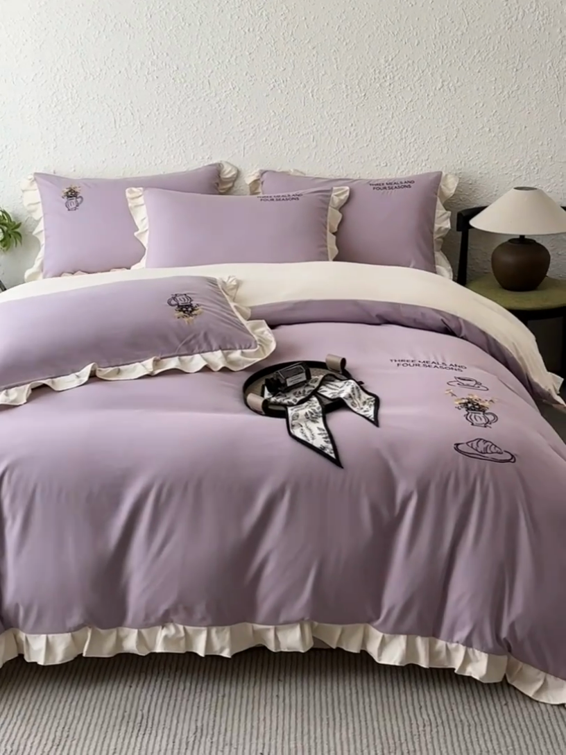 91家纺网 家纺一手货源 找家纺 汣沐生活 2025新款亲肤绣花花边四件套 香芋紫-香槟-田园生活