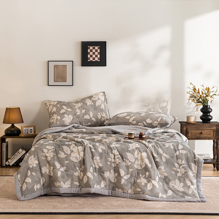 91家纺网 家纺一手货源 找家纺 吾诺 2025新建全棉印花泡泡双层纱大豆夏被子被芯全棉夏被四件套夏凉被空调被 玉兰花开