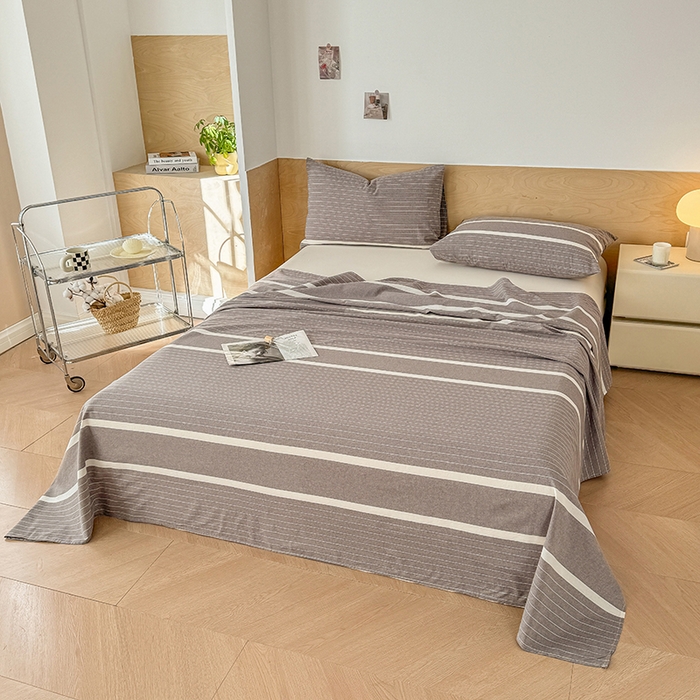 91家纺网 家纺一手货源 找家纺 晓时候 2025新款100%全棉色织水洗棉床单全棉床单纯棉床单 灰细条