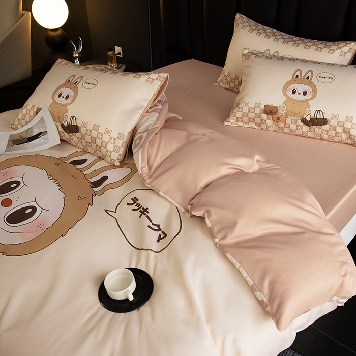 91家纺网 家纺一手货源 找家纺 2025新款水洗真丝数码印花四件套 卡夫兔