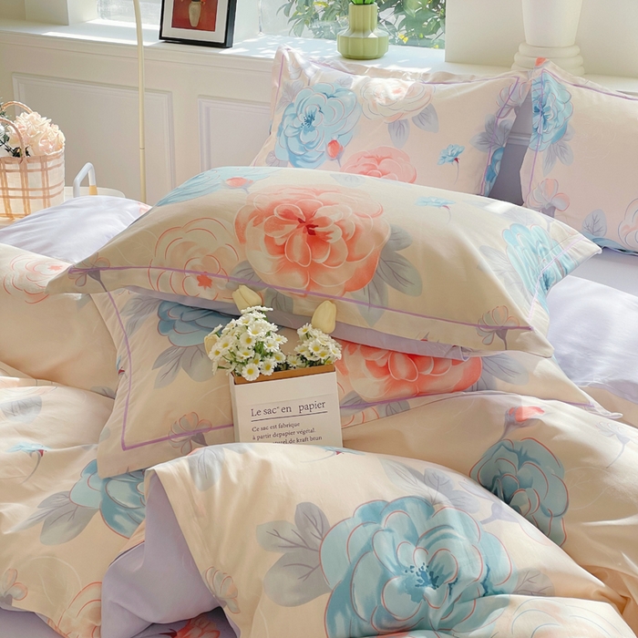 91家纺网 家纺一手货源 找家纺 铭博家纺 新款直播爆款网红全棉四件套13070印花吊边一字绣纯棉被套工艺款 沐颜