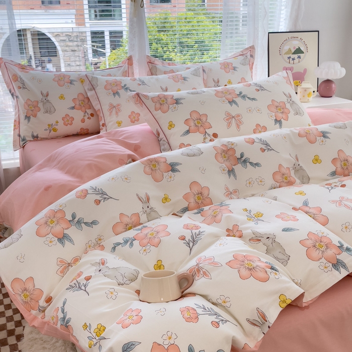 91家纺网 家纺一手货源 找家纺 铭博家纺 新款直播爆款网红全棉四件套13070印花吊边一字绣纯棉被套工艺款 兔语馨香